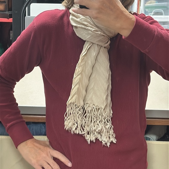 Embossed fringed scarf use as a scarf or put on the back of a chair or couch. - Picture 3 of 5